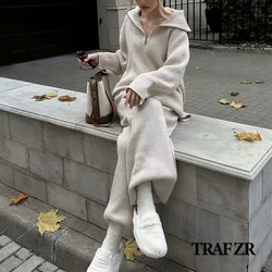 TRAF ZR Slouchy Co Ord Sets Women Autumn Knit Two Piece Pants Set Oversize Long Sleeve Lapeled Knitwear High-wasit Baggy Pants