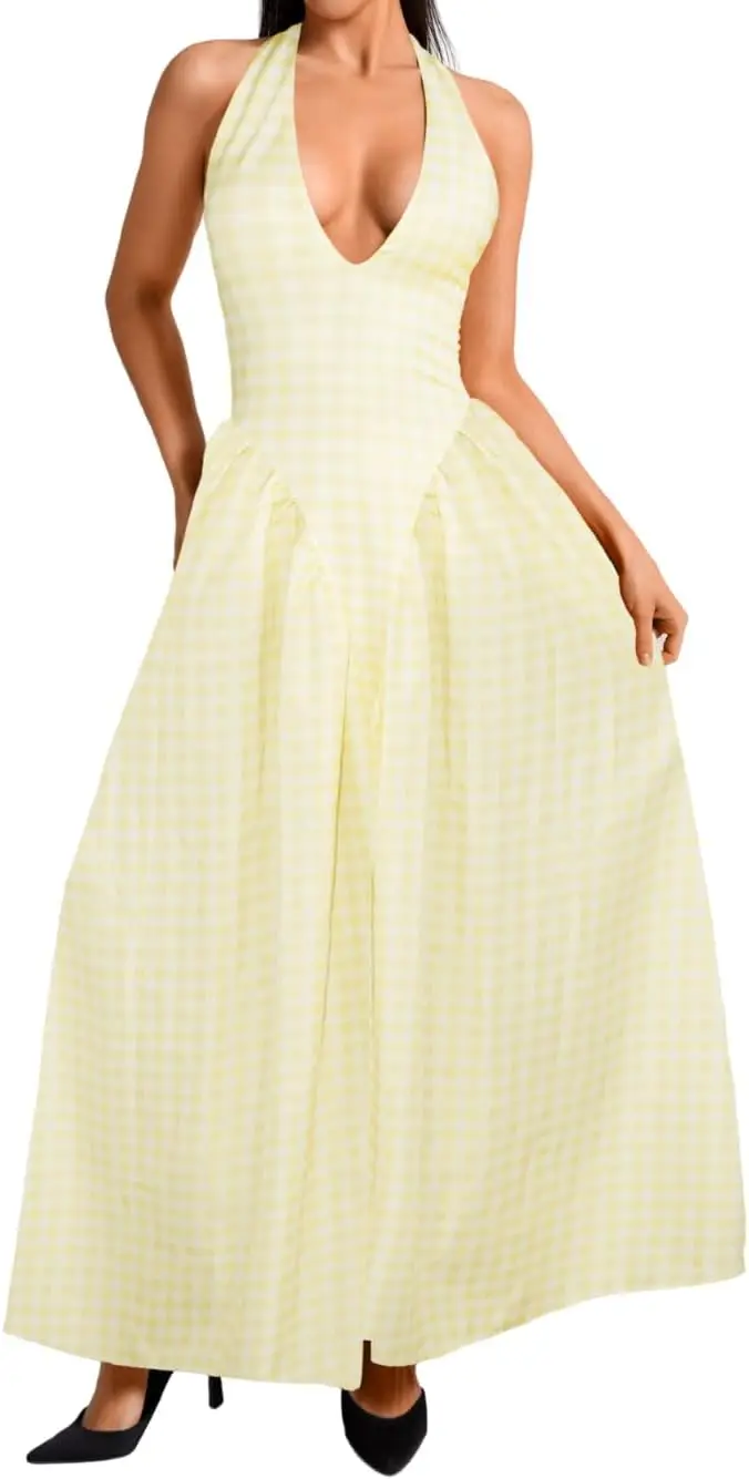 

Deep V-neck Hanging Neck Dress, Camisole Long Dress, Sexy Women's Tight Corset， Dance Evening Dress, Elegant Wedding Guest Dress