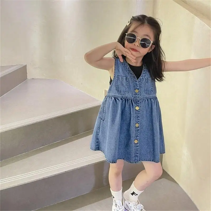 

2025 Summer New Girls Casual Sleeveless Denim Dress Baby Kids Vest Single Breasted Dresses Child Outdoor Clothes Birthday Outfit