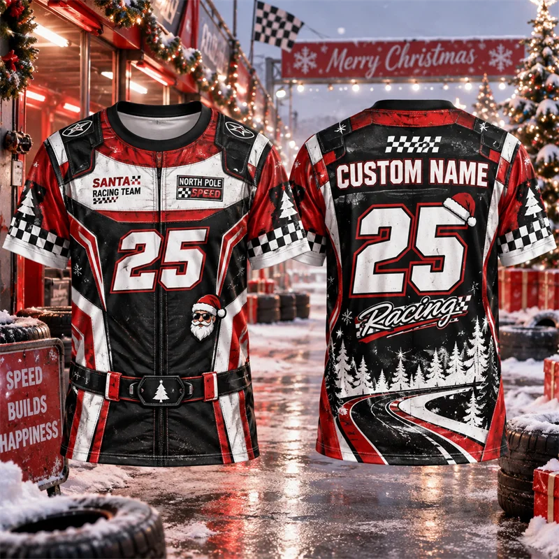 Custom Name Number Christmas Racing T Shirt Men Santa Racer Checkered Flag Short Sleeve Xmas Motorsport Holiday Streetwear Top