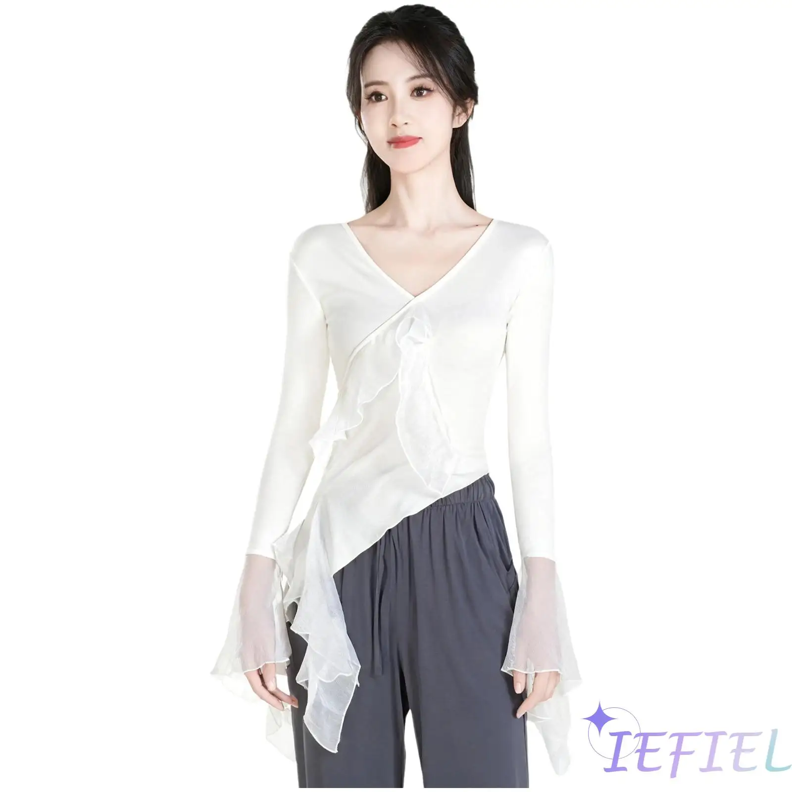 

Женская футболка для гимнастики и йоги, тренировочный наряд для лирических танцев, нерегулярная сетчатая блузка с рюшами и длинными рукавами, асимметричный подол, топ