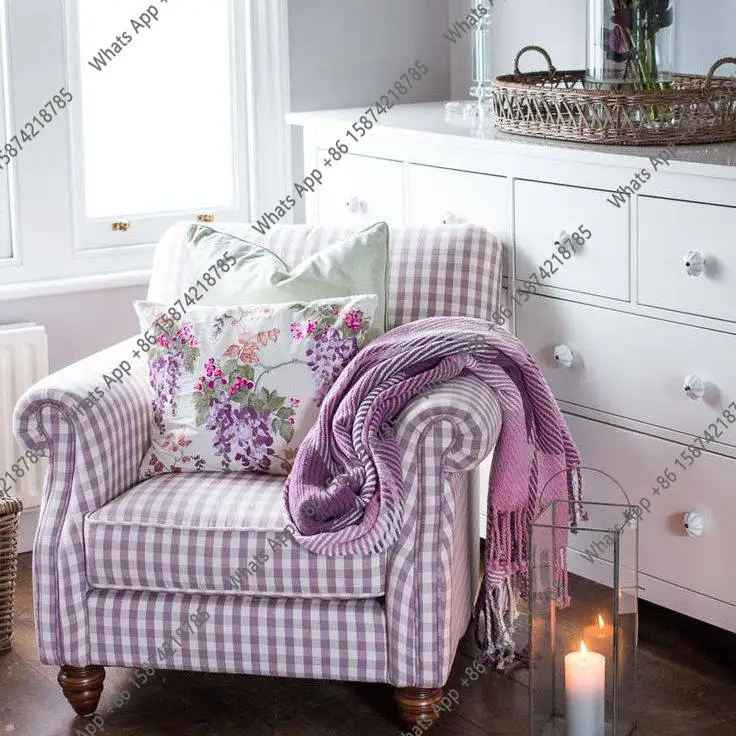Nordic retro purple plaid small sofa French idyllic photography bedroom living room designer simple single
