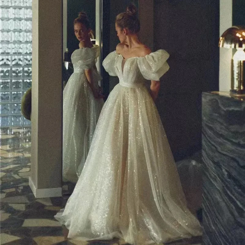 

Sexy Shiny Glitter Wedding Dresses with Puff Short Sleeve Vintage Bride Dress 2023 Tulle Wedding Gowns Princess Robe de Mariee