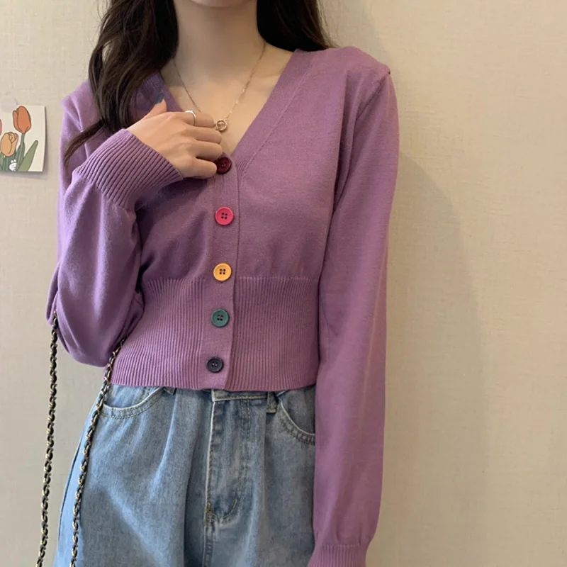 Autumn and Winter Little Fresh Colorful Buttons Younger Slim-Fit SlimmingVCollar Cardigan Long-Sleeved Sweater Top for Women