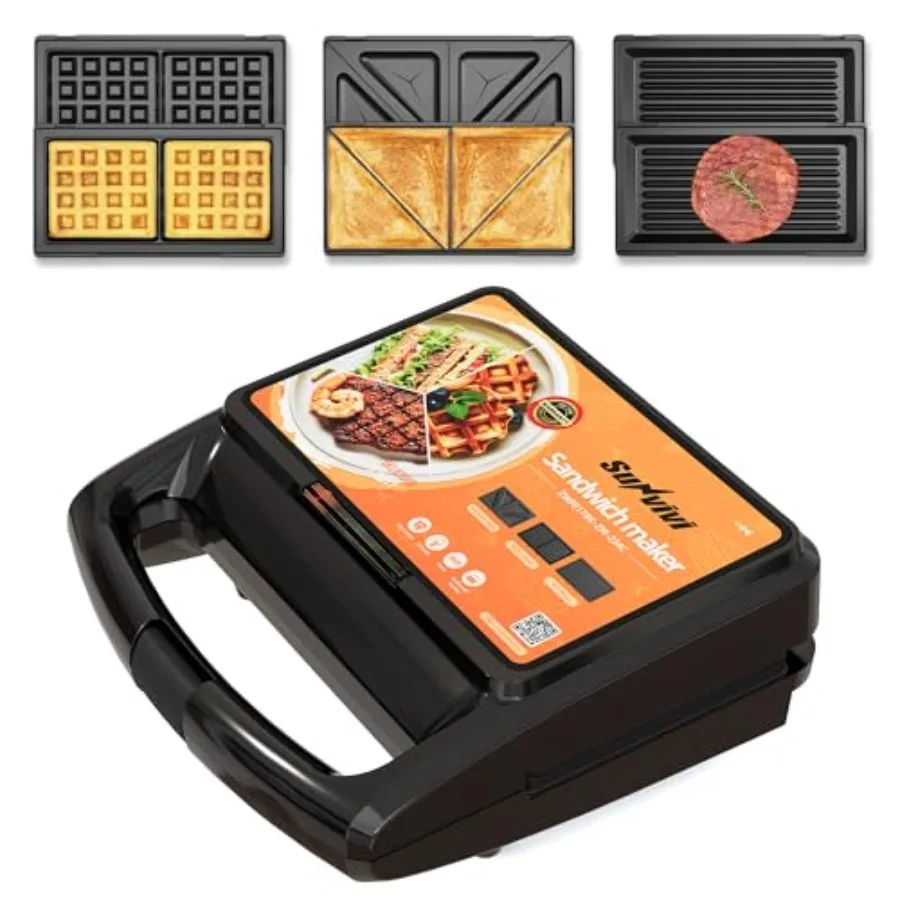 

3 in 1 Sandwich Maker Electric Waffle Maker with Removable Non-stick Plates 800W Panini Press Grill with Glass Top Cool Touch H