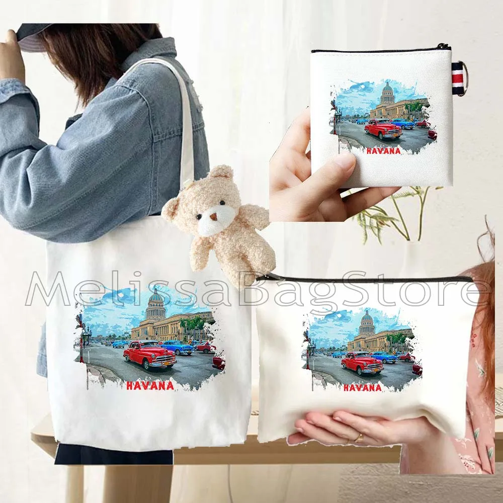 4PCS Gifts Set Havana Cuba White Canvas Tote Bag Handbag with Doll Key Coin Purse Cosmetic Makeup Toilet Bag Case Pouch