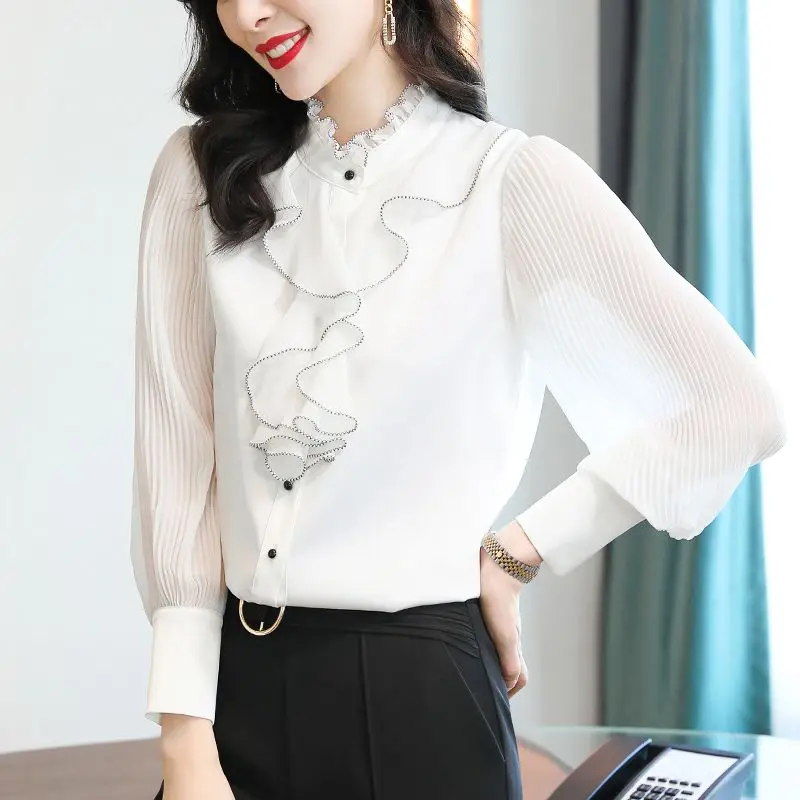 Korean Versatile 2023 Autumn New Women\'s Solid Color Half High Collar Long Sleeved Shirt Fashion Ruffle Collar Temperament Top