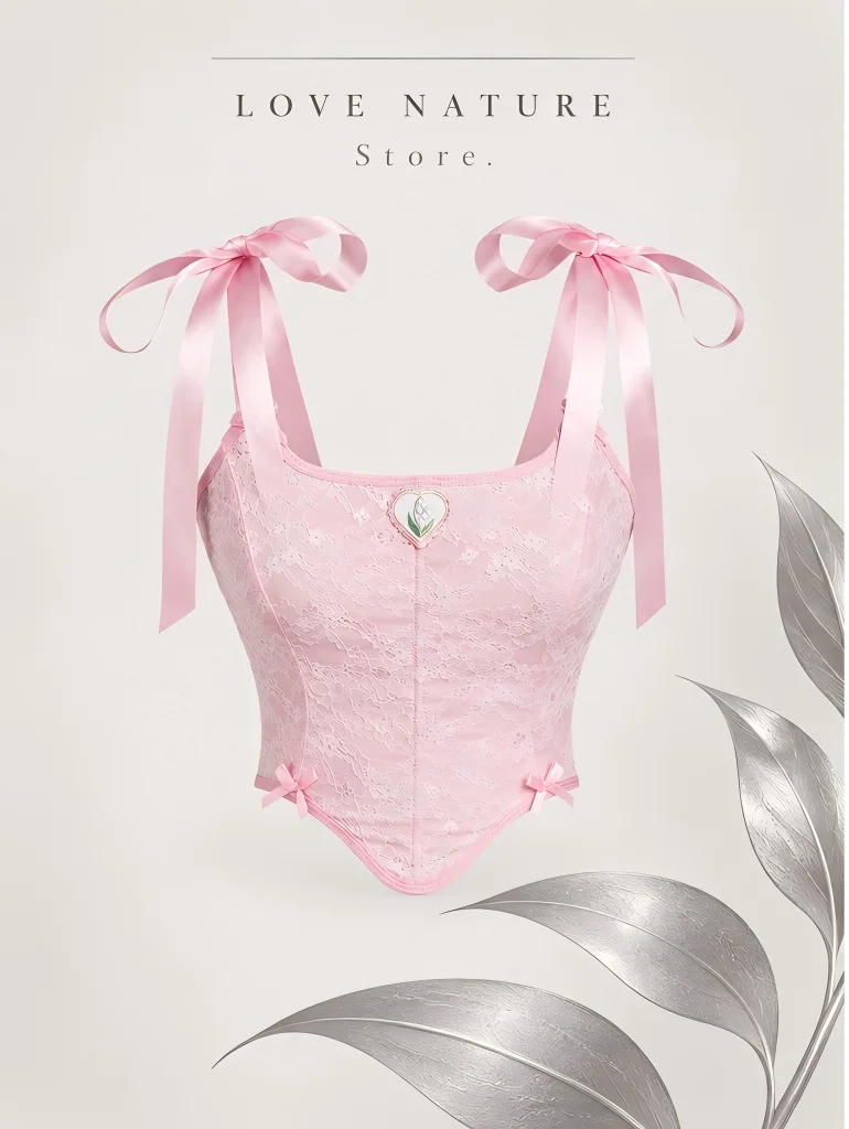 【LOVE NATURE Store】Women’s Pink Lace Corset Bodysuit with Bow Tie Straps