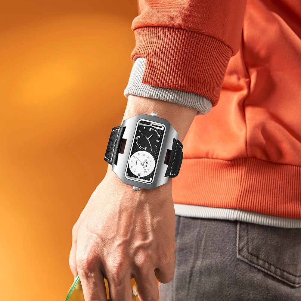 Oulm موضة جديدة تريند كول ساعة رجالي ضوء الليل التقويم وظيفة المنطقة الزمنية المزدوجة مستطيلة كبيرة الطلب ساعة كوارتز reloj