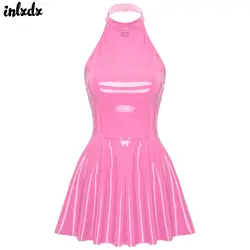 Womens Latex Swing Skirt Disco Dress Glossy O-Ring Wetlook Halter Skater Bodycon Mini Dresses Patent Leather Sexy Rave Clubwear