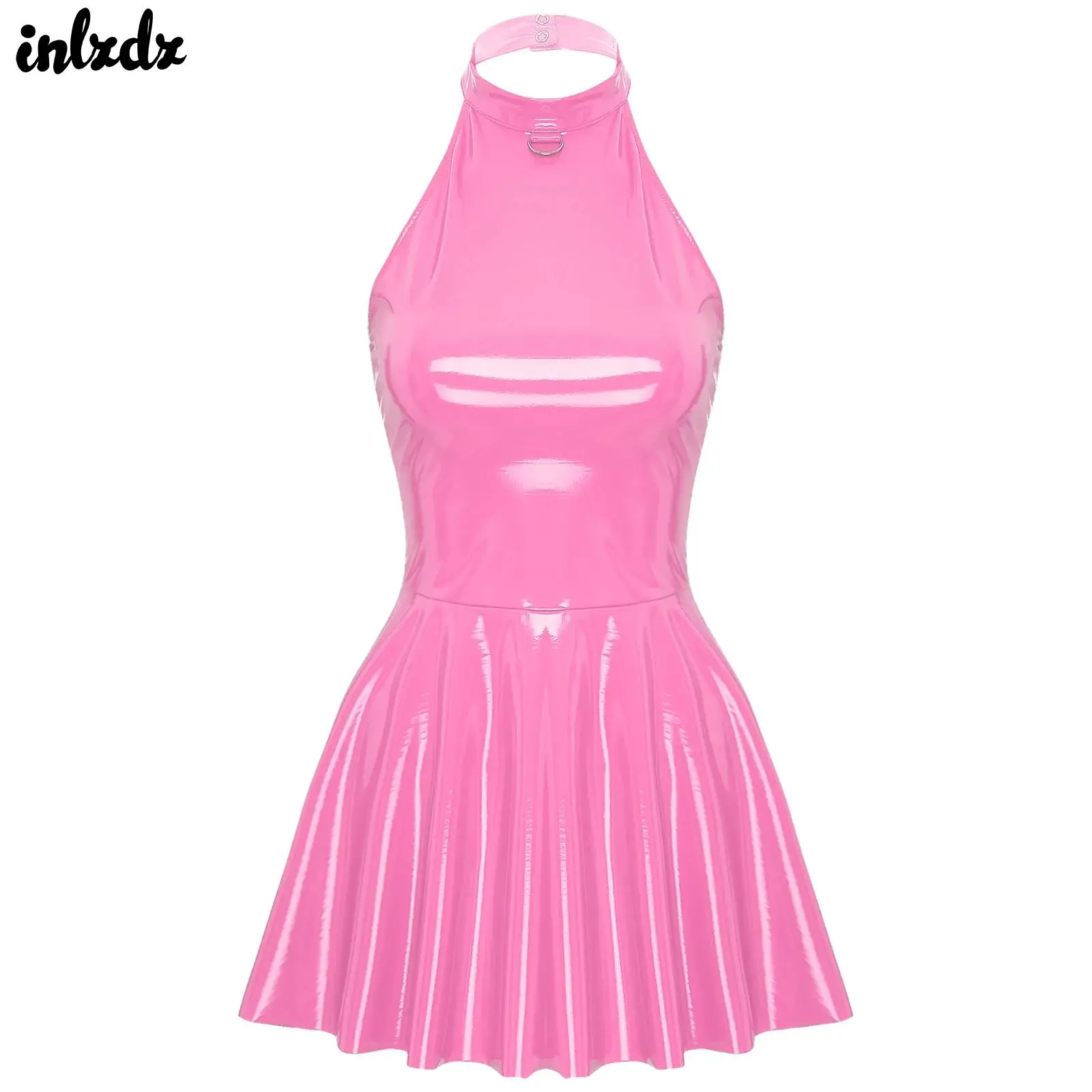 Damska lateksowa sukienka mini w stylu swing, sukienka disco, błyszcząca sukienka z o-ringiem, efekt mokrej skóry, halter, bodycon, sukienki skórzane lakierowane, seksowna odzież klubowa rave.
