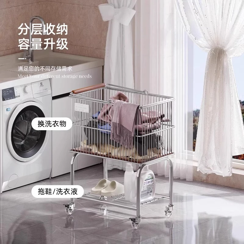 سلة غسيل كلاسيكية بطبقة مزدوجة مع عجلات لتخزين الملابس للاستخدام المنزلي رف تخزين أثاث Meuble Rangement #4
