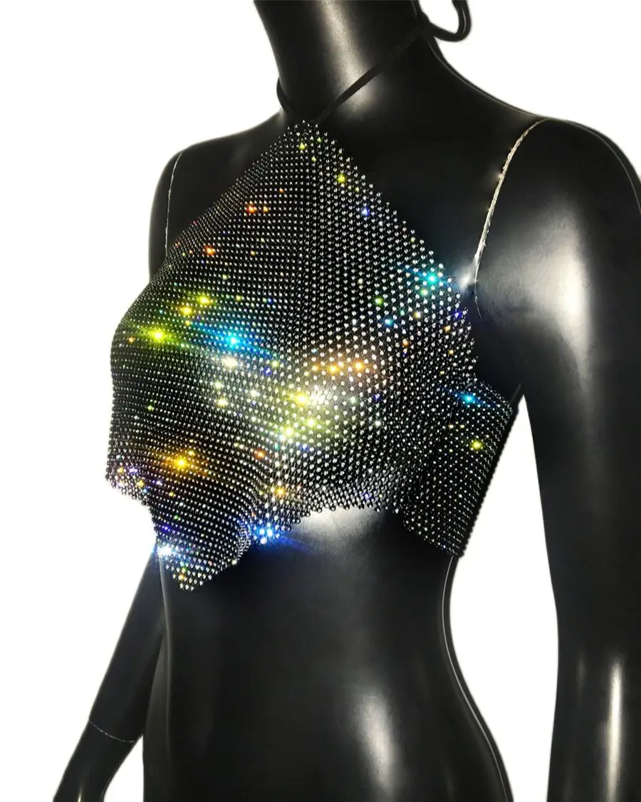 Fishnet Glitter Rhinestone Crop Top Sexy Hollow Out Mesh Backless Women Beach Y2K Camis Crystal Diamond Club Rave Party Tank Top