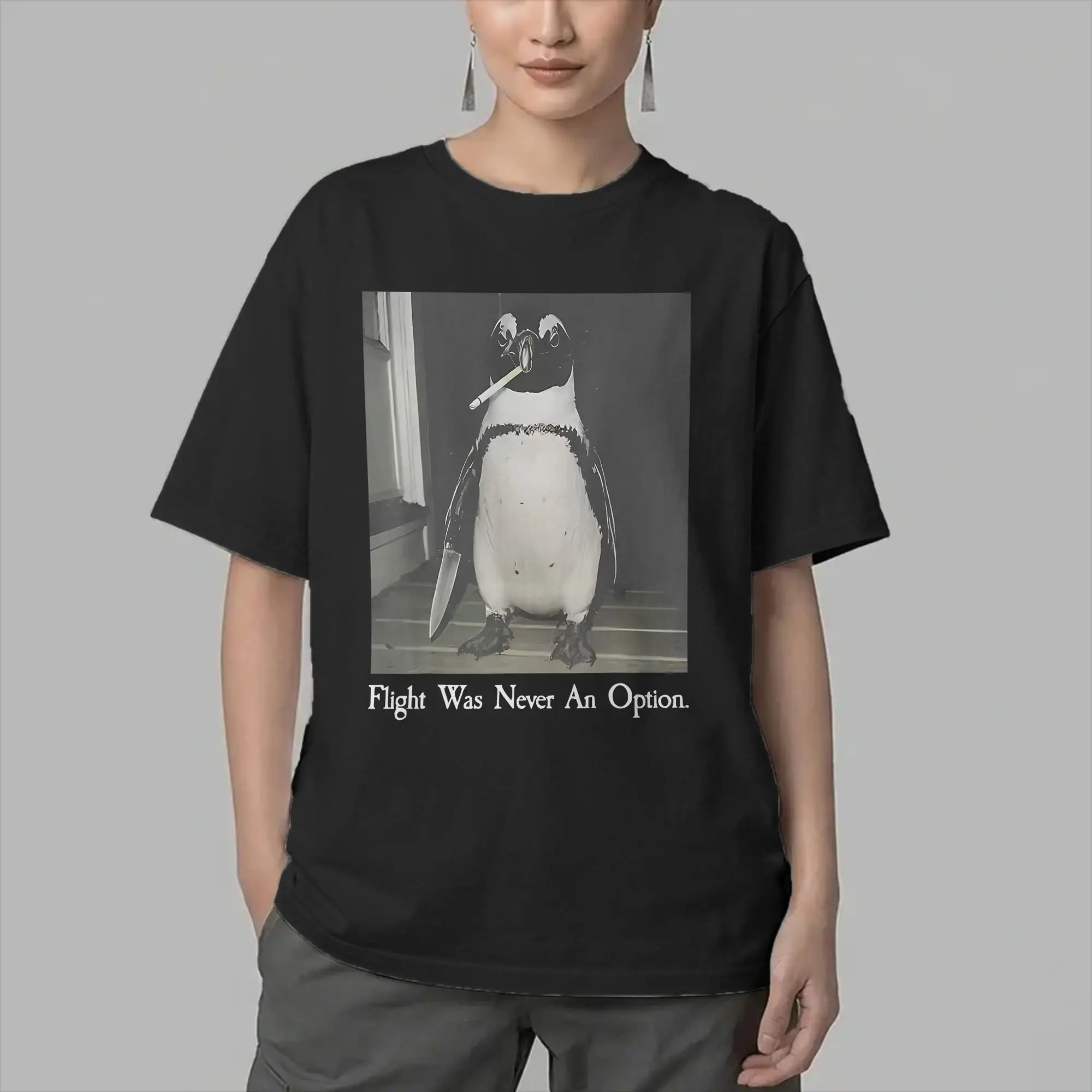 Flight was Never an Option Penguin Smoking T-Shirts Men Funny Bird Meme Cotton Tee Shirt Crew Neck Short Sleeve T Shirt Clothes