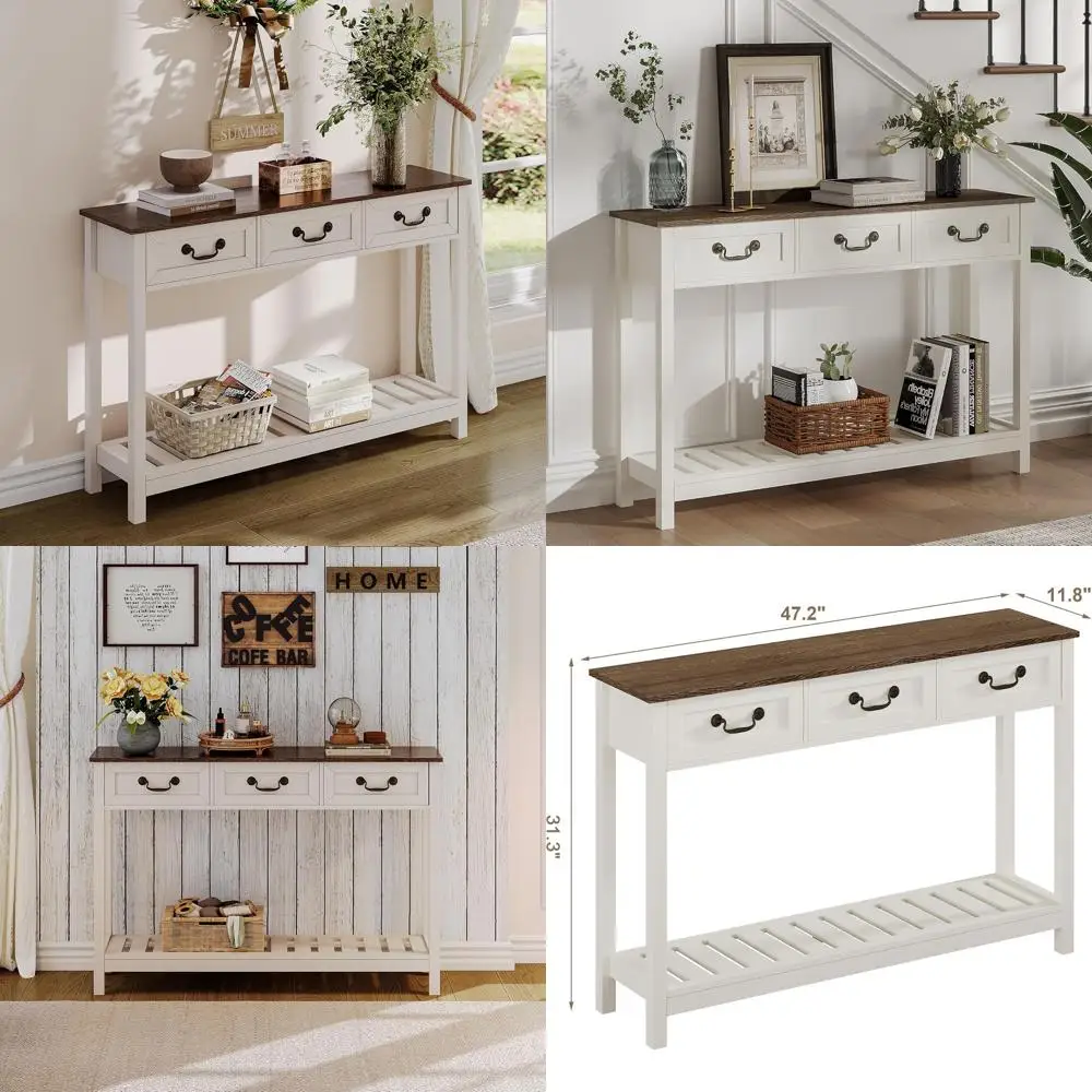 47 Rustic Console Table with 3 Drawers, Narrow Sofa Table for Entryway, Living Room, and Hallway in Soft White and Brown