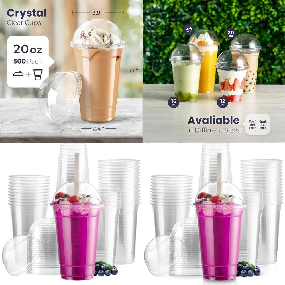

20 oz Clear Plastic Cups with Dome Lids, Disposable for Iced Coffee, Tea, Juice, Smoothie, Boba, Milkshake, and More