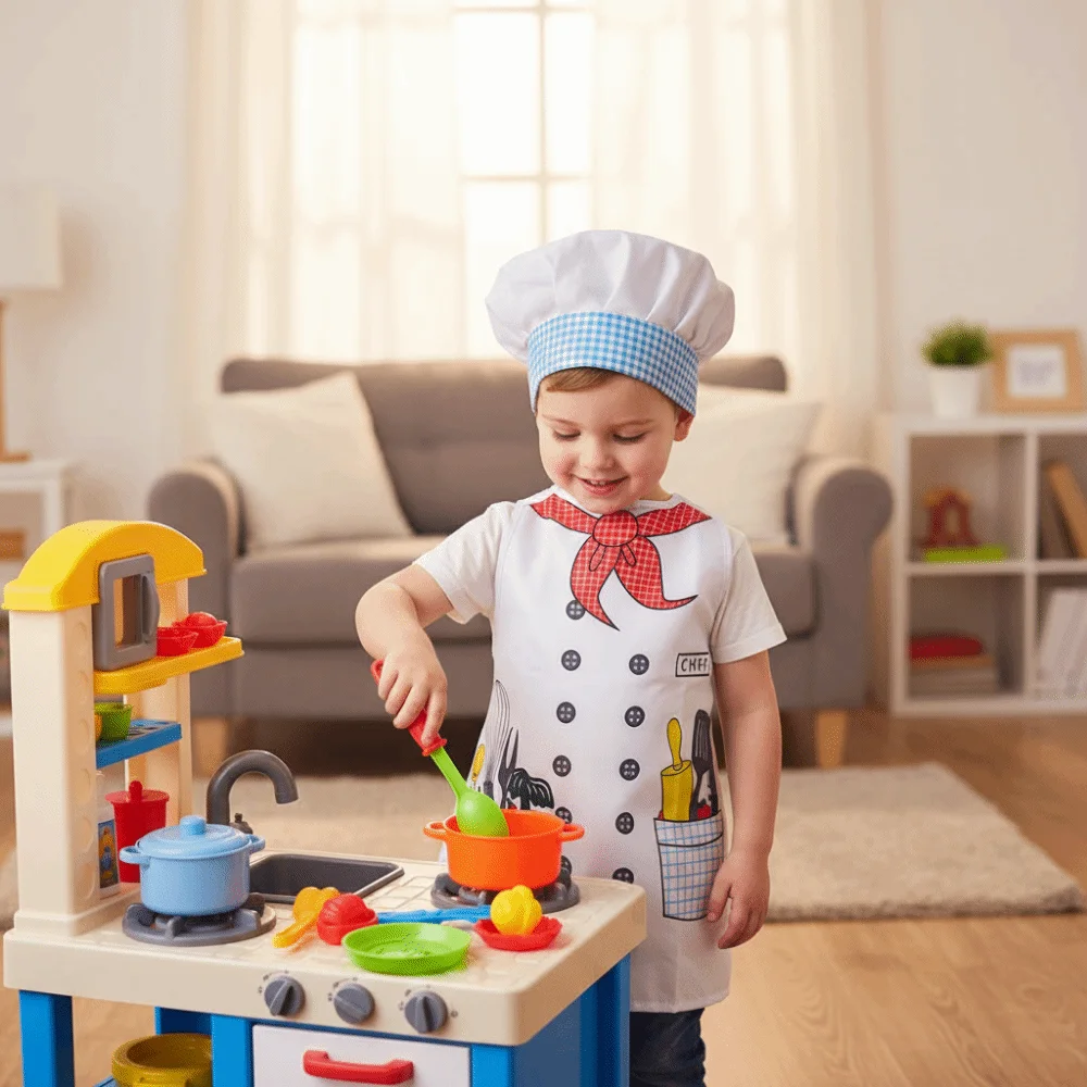 Cartoon Pattern Kids Toy Chef Uniform with Cap White Kids Cooking Toy Clothes Role Play Cosplay Kitchen Playing House Toy