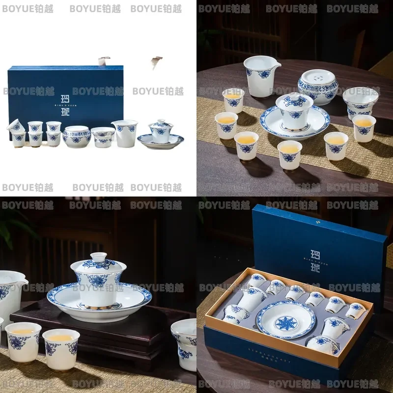Jingdezhen Blue and White Linglong Ceramic Kung Fu Tea Set Gaiwan Household High End Porcelain Teaware Gift Box Wholesale