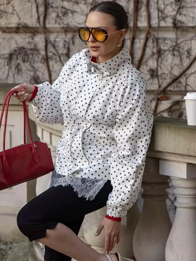

White Polka Dot High Neck Blouse Elastic Waist Long Sleeve Loose Fit Peplum Hem Streetwear Party Top Trendy Lady Casual Tops