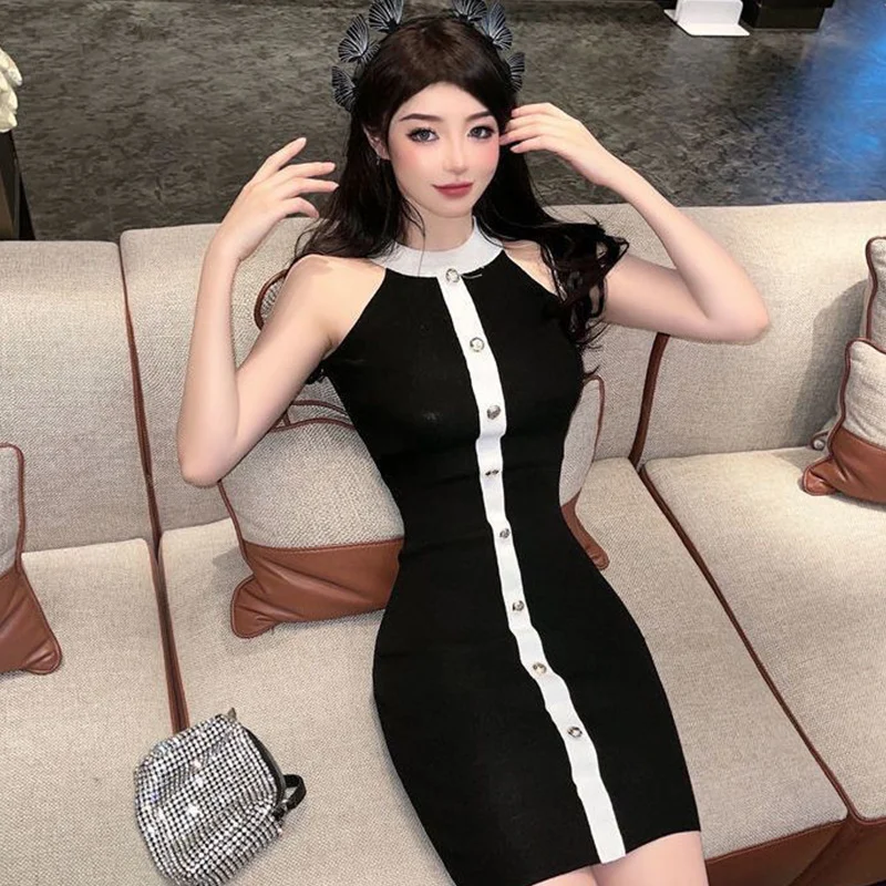 الربيع الصيف ملابس حريمي مزاجه فستان مثير السيدات موضة الرسن الحياكة زلة فستان المرأة أزرار الاتجاه Bodycon فستان