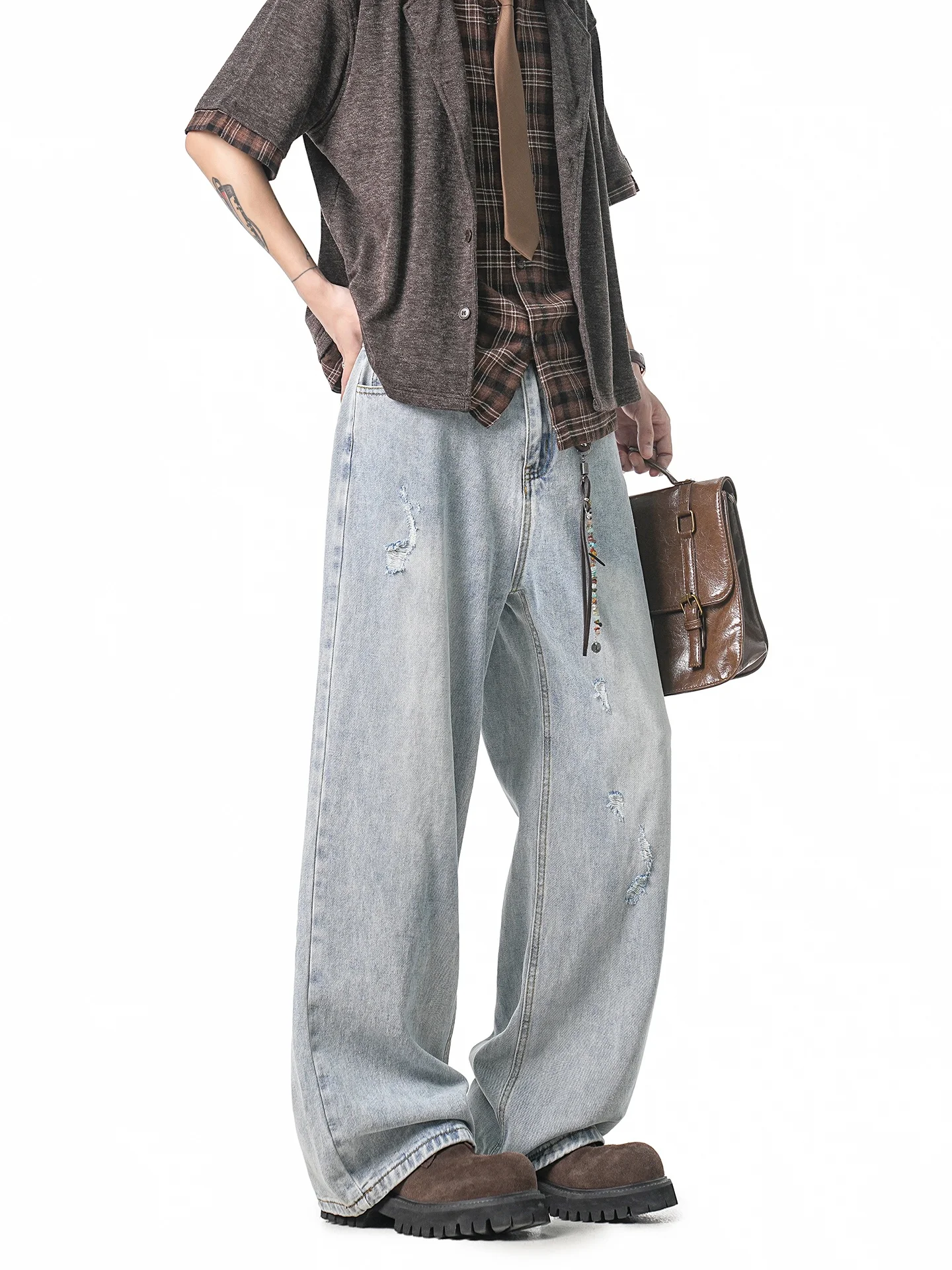 American Style Men's Jeans Casual Washed out Torn Denim Pants Youth Trendy Straight Leg Loose Fit Commute Wear Summer Cotton ...