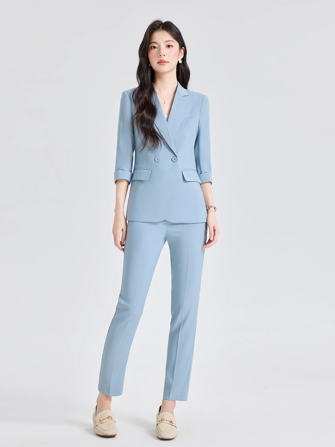 

Fashionable Korean Style Seven Sleeve Suit Set Women Casual Commute Workwear Pure Color Polyester Fiber Regular Fit Suit