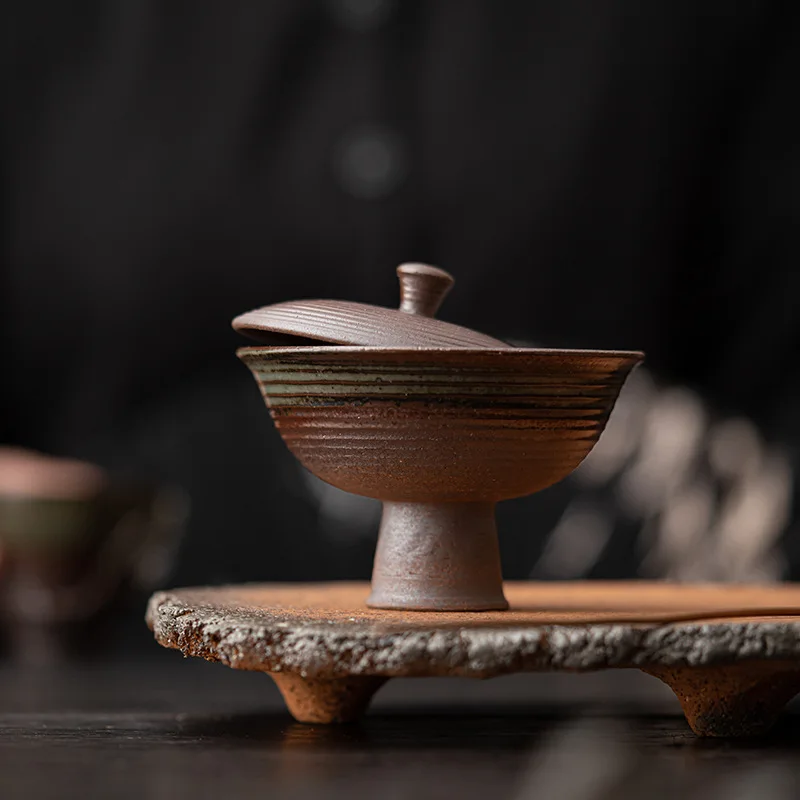 Coarse Pottery Old Rock Mud High Foot Two Only Cover Bowl Chinese Retro Creative Tea Bowl Household Kung Fu Tea Set Cover Bowl