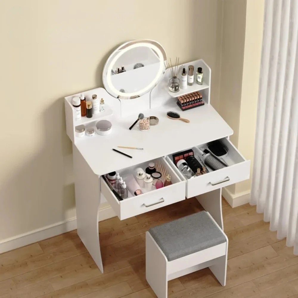 

Dressing Table with Mirror and Lights and Chair, 2 Drawers and 4 Storage Shelves, Vanity Desk