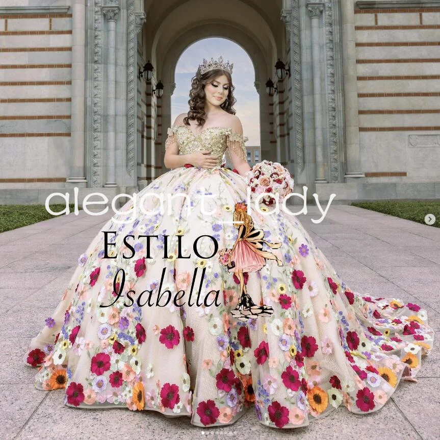 

Роскошные платья цвета шампанского Charro Princess Quinceanera с кисточками и цветочной аппликацией, корсет, платье de 15 años на заказ