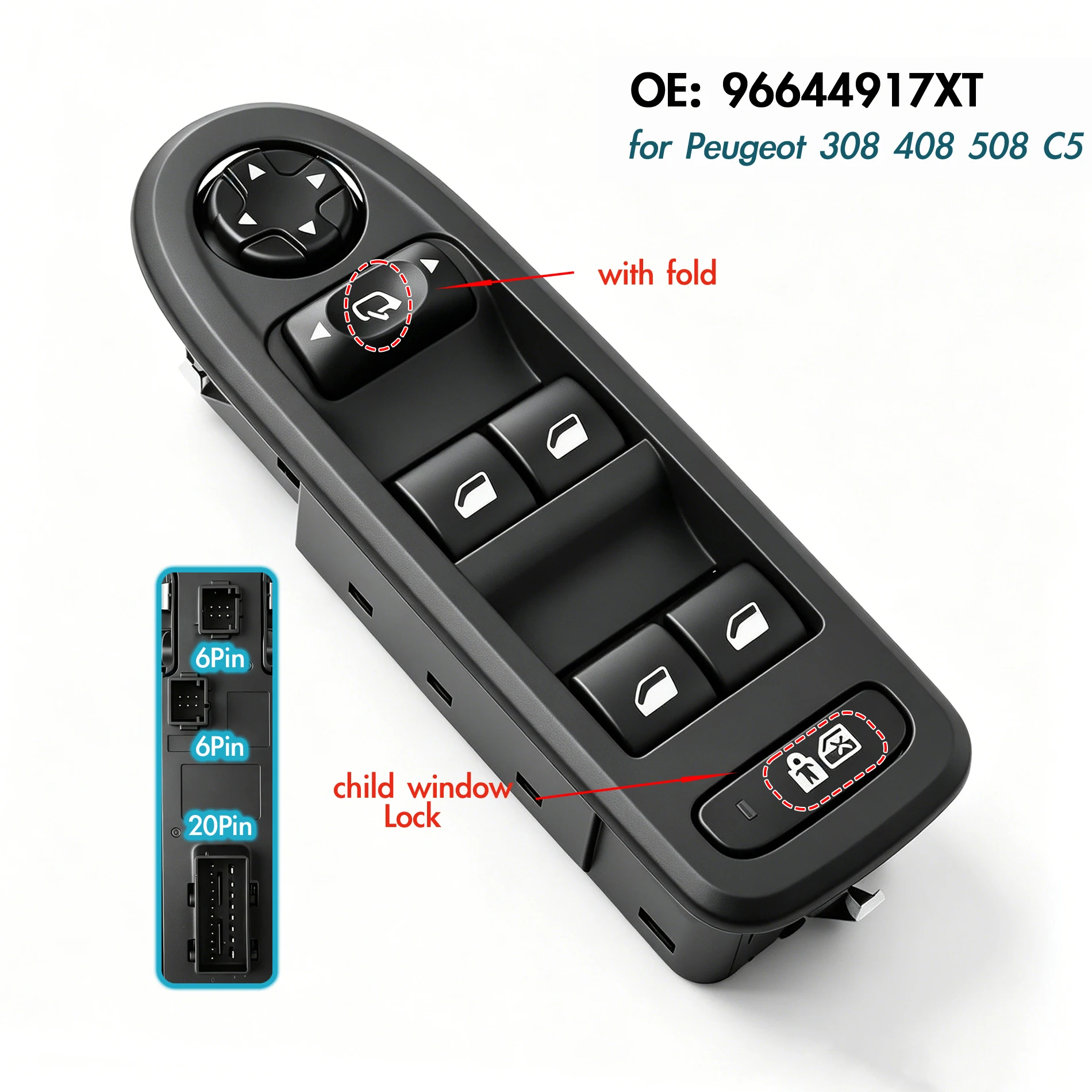 96644917XT Für Peugeot 308 508 Citroen C5 2007-2018, elektrischer Hauptfensterheberschalter, Glasheber-Steuerknopf, Regler – Detail 2