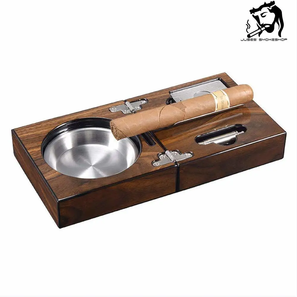 

JUSES' S Multifunctional Cigar Ashtray Foldable Walnut Wood Box Include Cigar Cutter Holder and Hole Opener Smoking Accessories