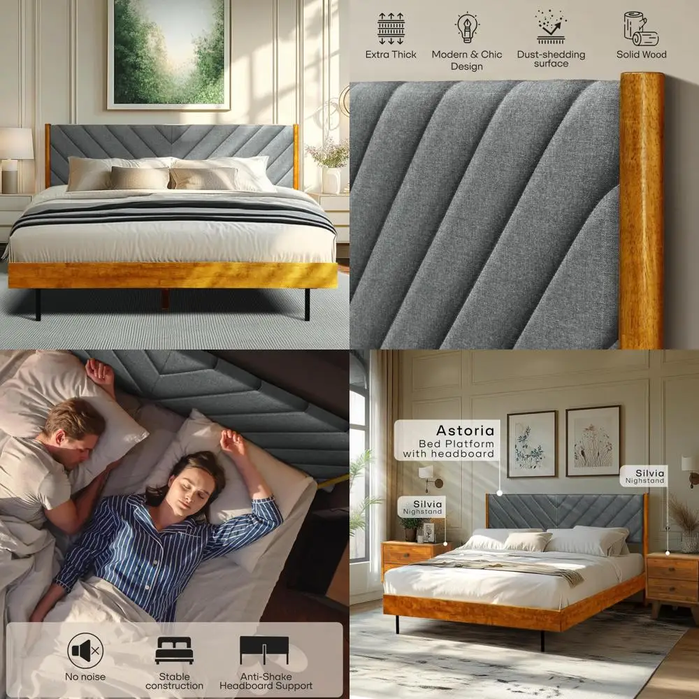 

Queen Size Acacia Astoria Solid Wood Bed Frame with Upholstered Headboard, Elegant and Durable Platform Bed