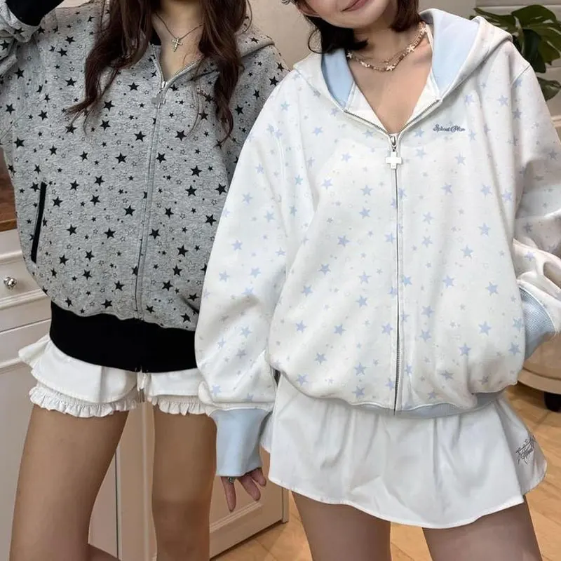 Women American Retro Star Print Zip Up Hoodies Long Sleeve Autumn New Fashion Loose Streetwear Casual Hooded Sweatshirts Jackets