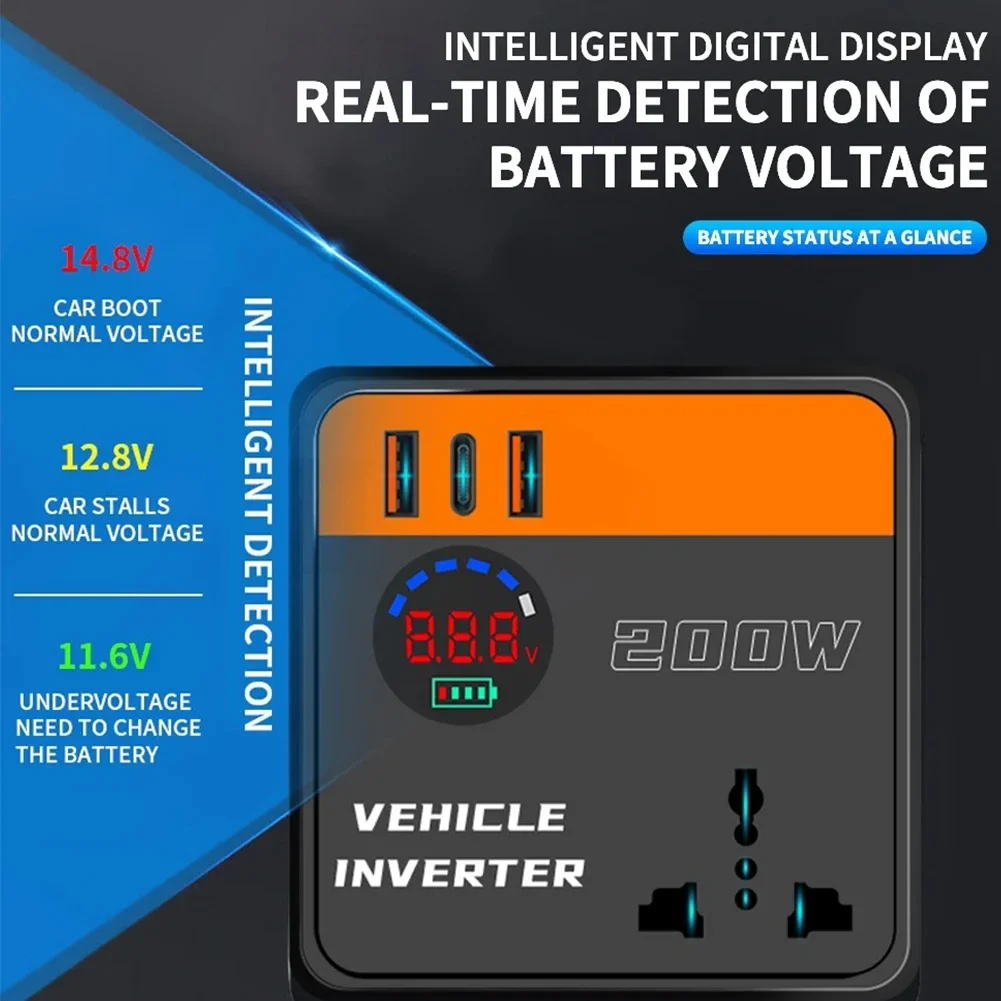 200W Car Inverter with USB PD Port Fast Charging DC12V 24V to AC 220V Vehicle Power Converter with Voltage Display