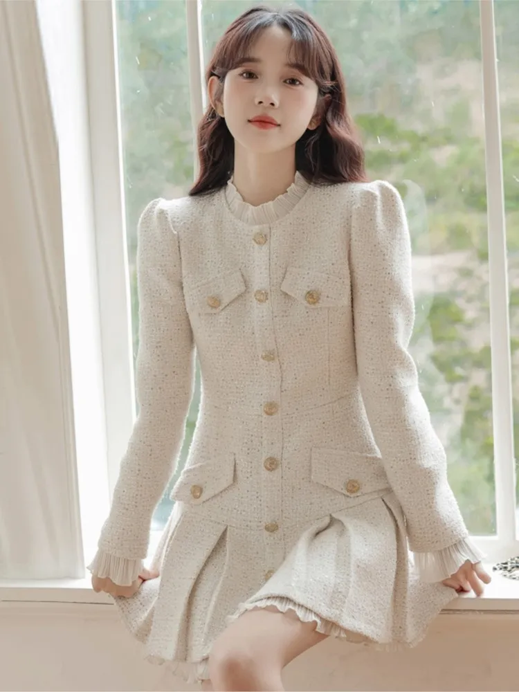 French Vintage Coat Dresses for Women Long Sleeve O-neck Ruffles A-line Short Dress Autumn Spring Korean Chic Vestidos Mujer New