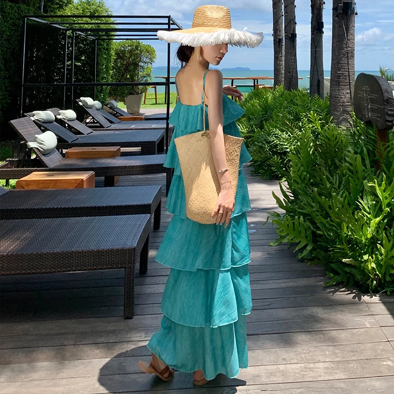 Womne sexy elegante praia festa estilo vestido verão novo solto suspender em camadas plissado borda cintura alta magro a linha vestido para mulher
