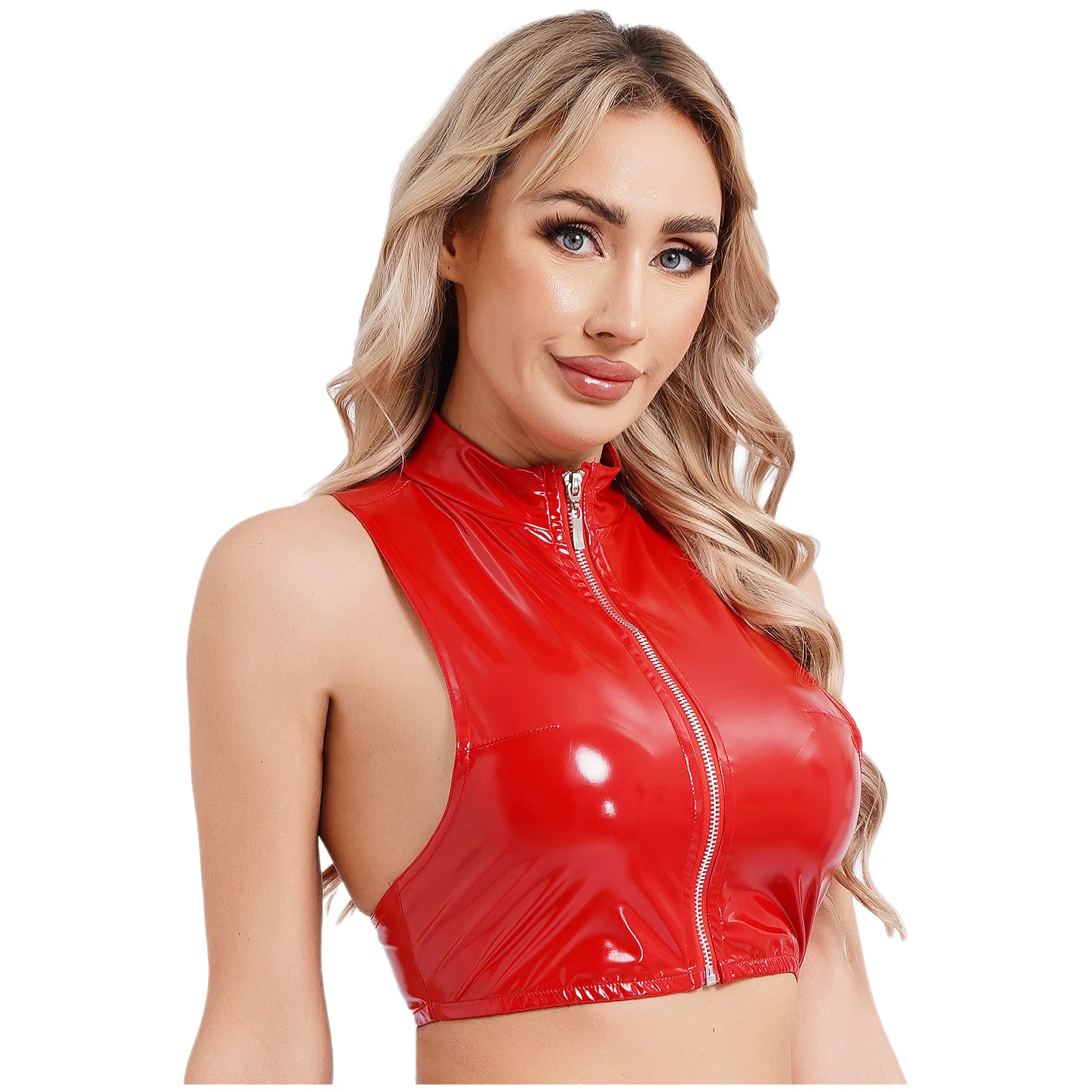 Womens Glossy Patent Leather Sleeveless Mock Neck Crop Tank Tops Zipper Camisole Night Club Party Rave Dance Costume Clubwear