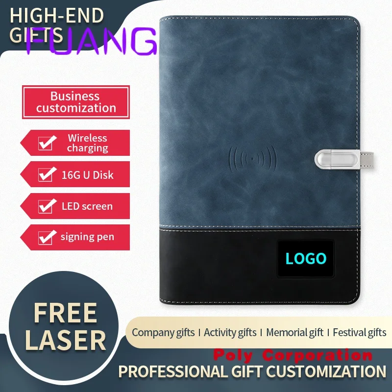 Carnet de notes Powerbank avec logo LED personnalisé, cuir PU, épissure, couverture rigide, 6 classeurs, journal intime, A5, 10000mAh, Apple et Android