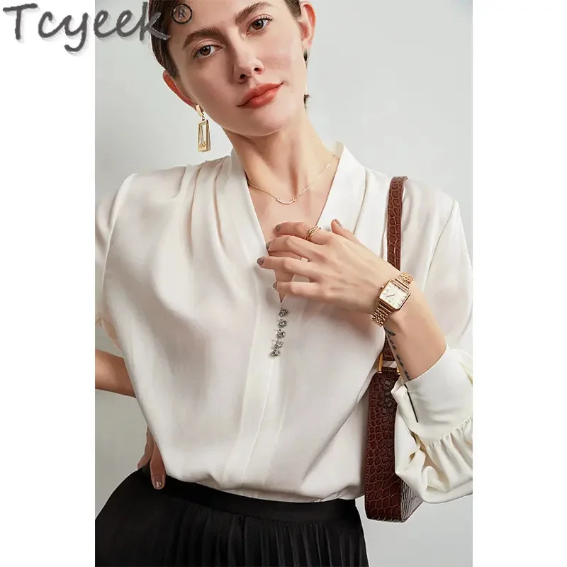 

95% Tcyeek Mulberry Real Blouses for Women Spring Autumn 2024 New Heavyweight Silk White Loose Fashion Shirt Tops Cjk