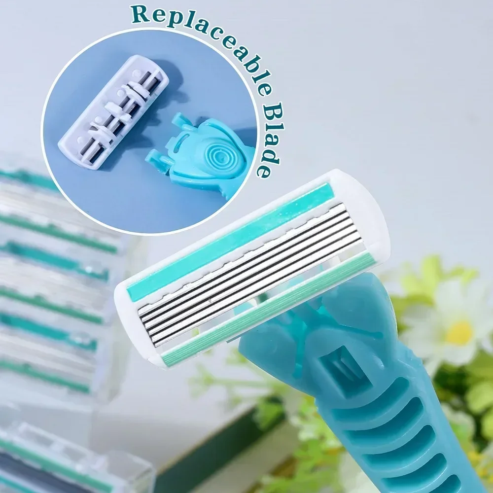 여성용 수동 안전 면도기, 6 레이어 스테인레스 스틸 제모 면도날, 교체 가능한 면도기 헤드, 핸들 1 개, 블레이드 12 개