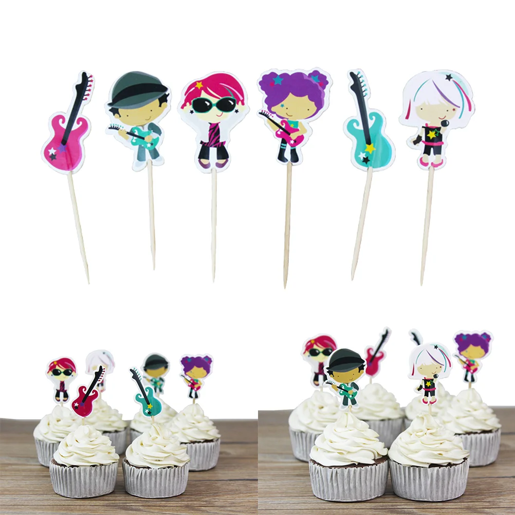 24Pcs Cake Toppers Set Guitar Music Teenager Pattern Edged Cupcake Decors Birthday Wedding Party Supplies