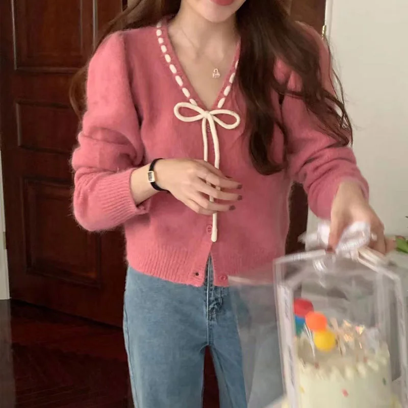 

Sweet Sle V-Ne вязаный свитер кардиган женский весенне-осенний новый дизайн галстук-бабочка Bubble Sve топ модный повседневный