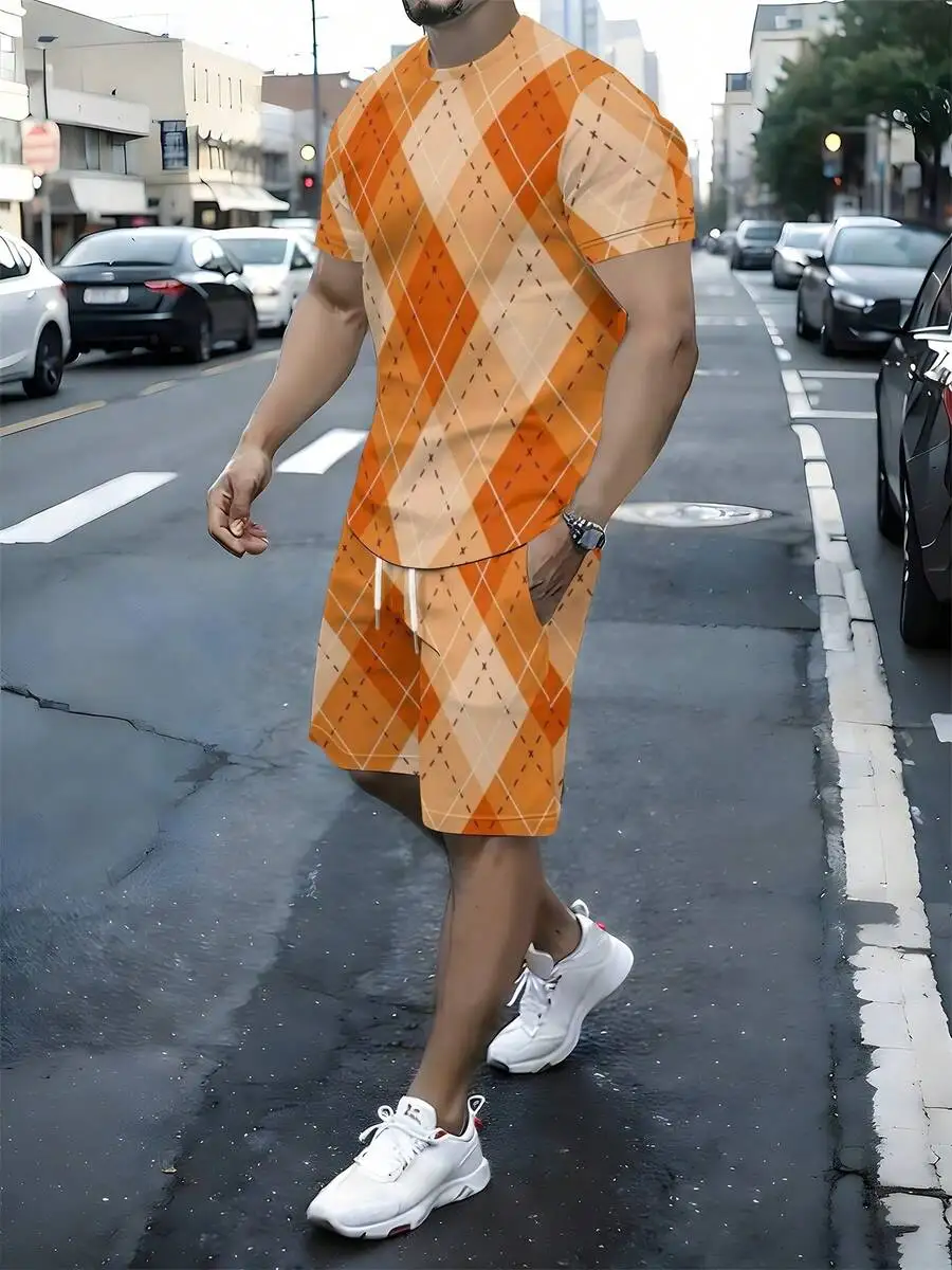 

Mens Orange Argyle Knit Two-Piece Casual Set For Summer Party