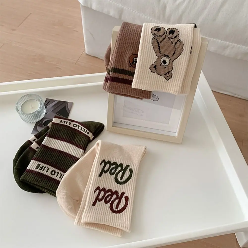 4Pairs Bear Pattern Girls Mid-calf Socks Letter Brown Series College Style Hosiery Stripe Harajuku Middle Tube Hosiery