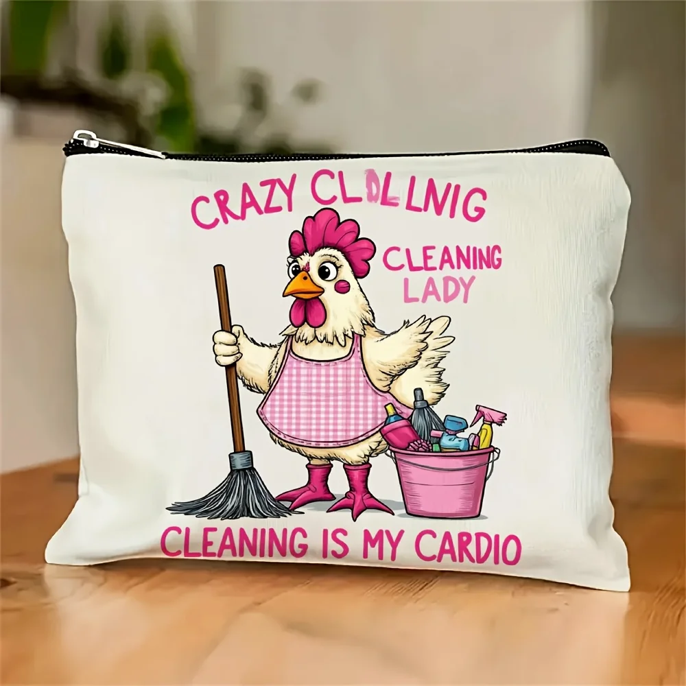 Un sac à cosmétiques imprimé Crazy Cleaning Lady – sac multifonctionnel à fermeture éclair, sac de rangement de bijoux, petit rangement à fermeture éclair de voyage parfait