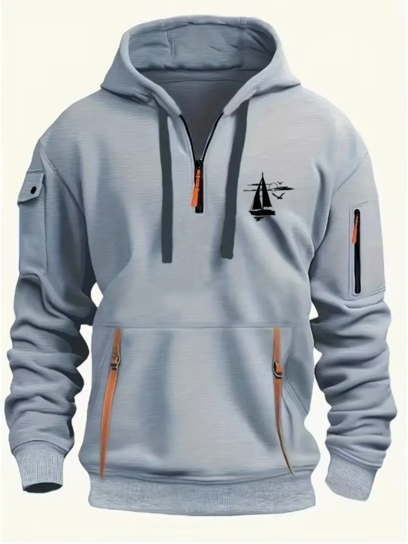 Autumn and winter men's and women's exquisite multi pocket zipper hooded sweatshirt with sailboat and sunset pattern prints