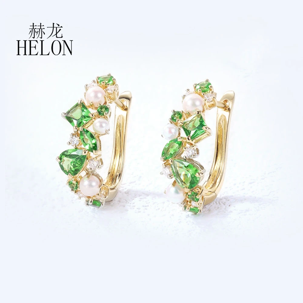 HELON Solid 14k Yellow Gold Genuine Tsavorite Diamond Earrings Real White FreshWater Pearl Luxury Sunshine Women Fine Jewelry