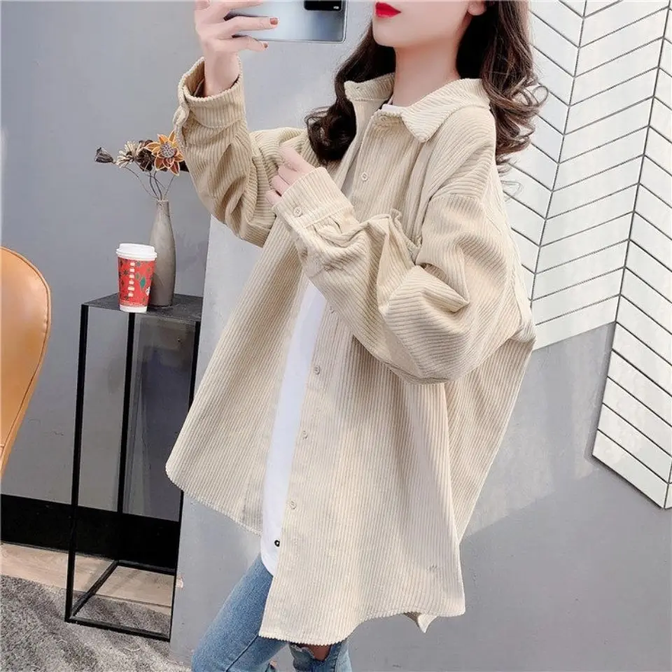 Corduroy Shirt Jacket Female Spring Autumn Students Korean Loose Fashion Outdoor Wear Retro Hong Kong Style Long Sleeved Top