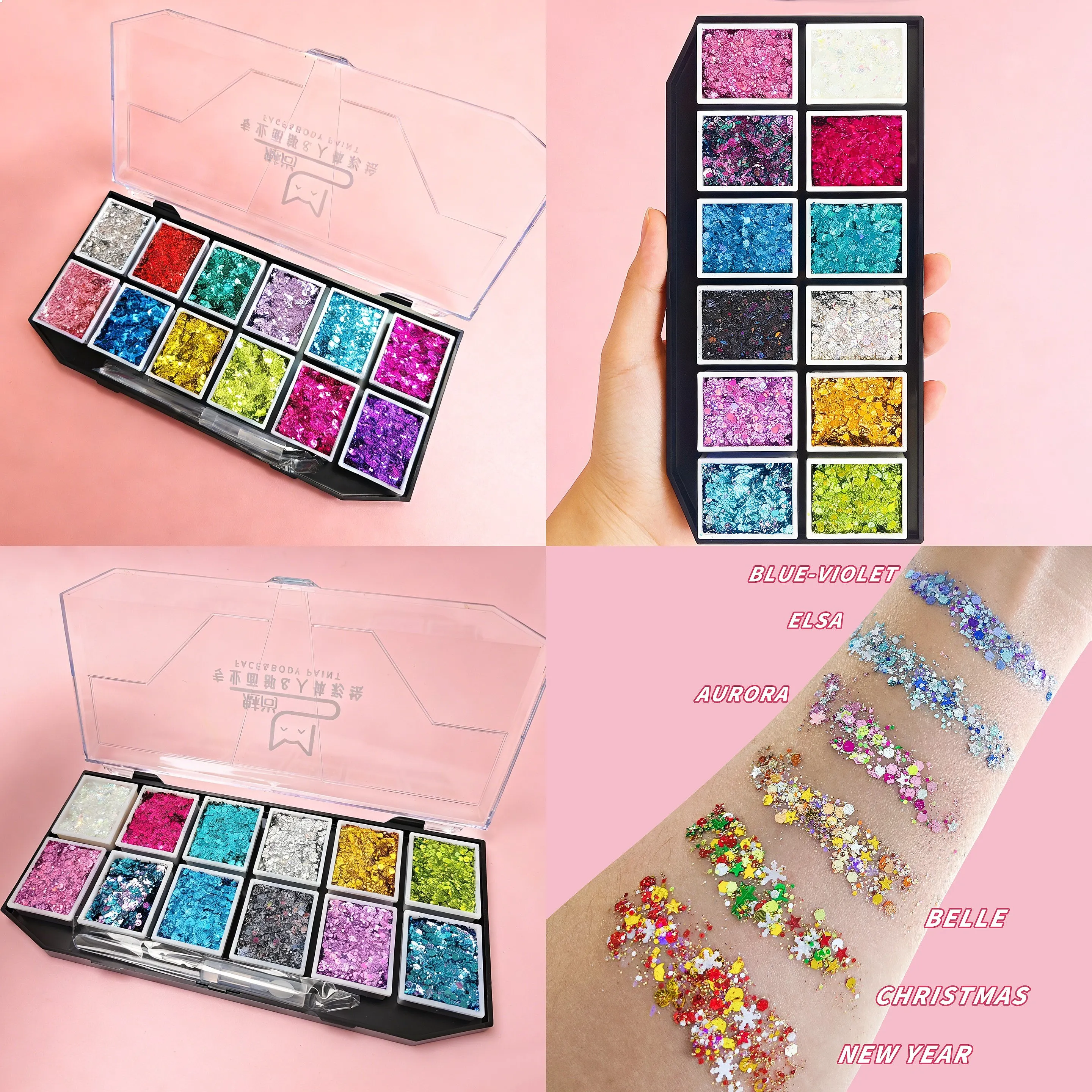 Bulk Customized Color Chunky Glitter Palette | Holographic Face Body Glitter | Portable Case | Festival Rave Wholesale Children