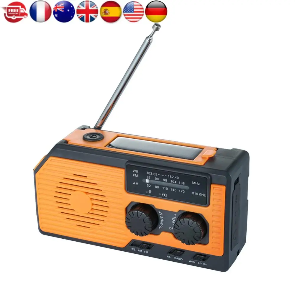 

Портативное солнечное радио с ручным приводом AM/FM/WB, NOAA-предупреждения о погоде, LED-фонарик, Power Bank для кемпинга и походов, солнечное радио